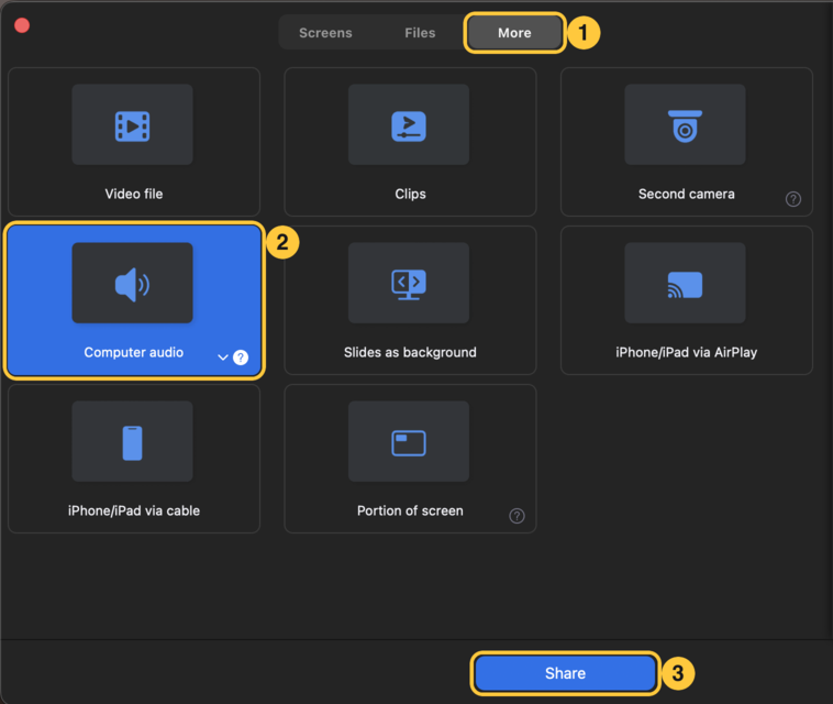 Zoom share window with the More tab, Computer audio, and Share button highlighted